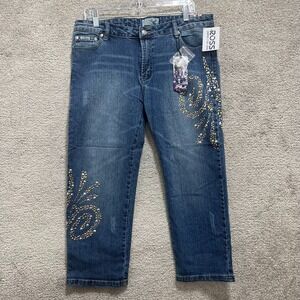 Platinum Plush Jeans Pants Women's 15 Blue Wide Straight Leg Cropped Embellished